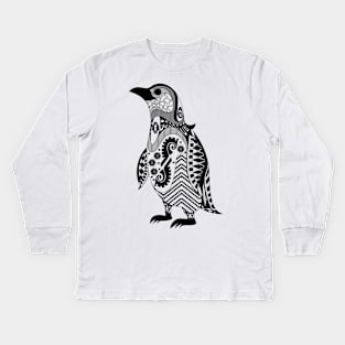 the magical penguin in ecopop mexican patterns art Kids Long Sleeve T-Shirt